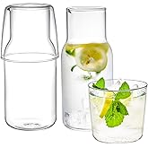 YOUEON 2 Sets 17 Oz Bedside Water Carafe and Glass Set, Nightstand Water Pitcher with Cup Lid, Juice & Mouthwash Bottle for Kitchen, Bedroom or Bathroom, Protective Foam Packaging