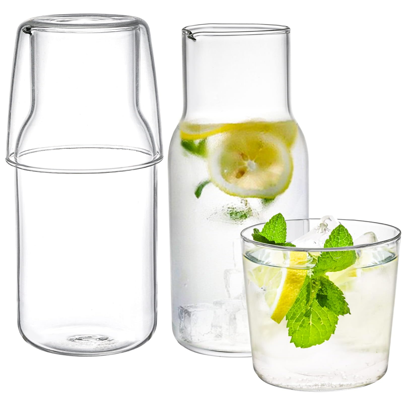 YOUEON 4 Pcs 500ml Clear Glass Bedside Carafe & Glass Set, Water/Juice Pitcher, Mouthwash Bottle for Nightstand, Kitchen, Bedroom & Bathroom