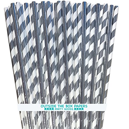 Silver Solid and Stripe Foil Paper Straws - 7.75 Inches - 100 Pack