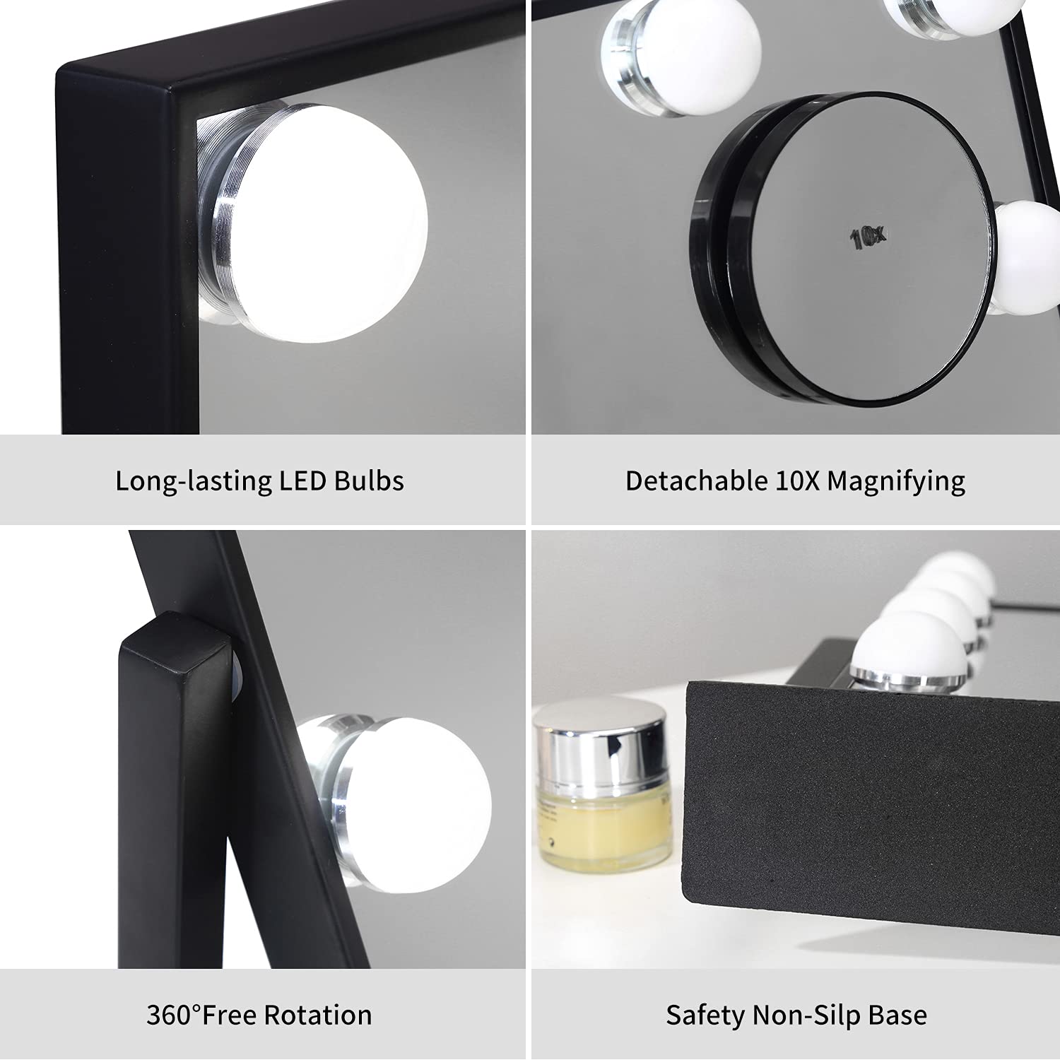 Vanity Mirror with Lights,Makeup Mirror with Lights with 9 Dimmable LED Bulbs, 3 Color Lighting Modes Detachable 10X Magnification Mirror Touch Control,360°Rotation