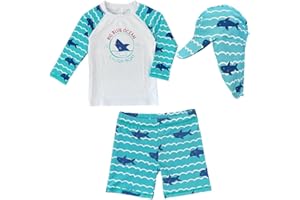 BAOPTEIL Baby Toddler Boys 3-Pieces Swimsuit Sets Blue Shark Bathing Suit Rash Guards Sunsuit Swimwear with Hat UPF 50+ FBA