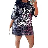 KAOBIO Women's Sequin T Shirt Dress Birthday Queen with Heart Glitter Sparkly Letter Print Party Club Outfits Mini Dress