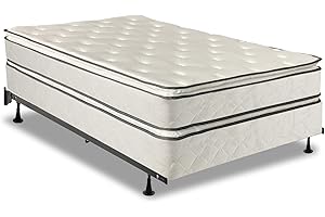 Mattress Solution Medium Plush Double Sided Pillowtop Innerspring Fully Assembled Mattress and 8" Split Wood Box Spring/Foundation Set with Frame, Queen Size, White LT Brown