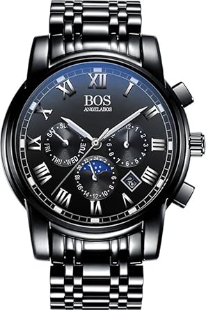 BOS Mens Quartz Analog Wrist Watch Chronograph Stainless Steel Black Band Black Dial 8006