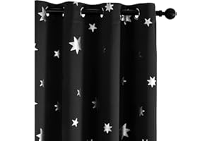 Anjee Black Blackout Curtains with Silver Star Print for Kids Room, Grommet Top Thermal Insulated Window Curtains 2 Panels W52 x L63 Inches, Black