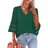 LookbookStore Women's V Neck Mesh Panel Blouse 3/4 Bell Sleeve Loose Top Shirt