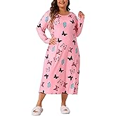 Agnes Orinda Plus Size Pajamas for Women Crew Neck Long Sleeve Casual Print Sleep Dress Nightgown Sleepwear