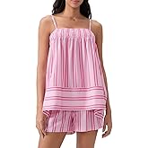 Lordree Women Striped Pajama Set Ruffle Hem Spaghetti Strap Cami Top Wide Leg Shorts Set Y2k 2 Piece Pj Outfits