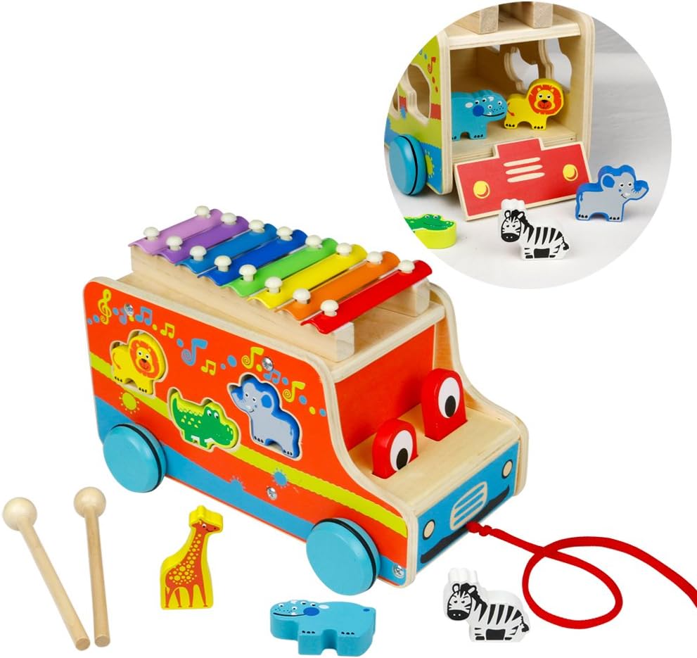 Wooden Toys Xylophone Piano, Shape Sorter, Pull Along Car, Wooden Animals Christmas Birthday Gifts for Kids 18M+