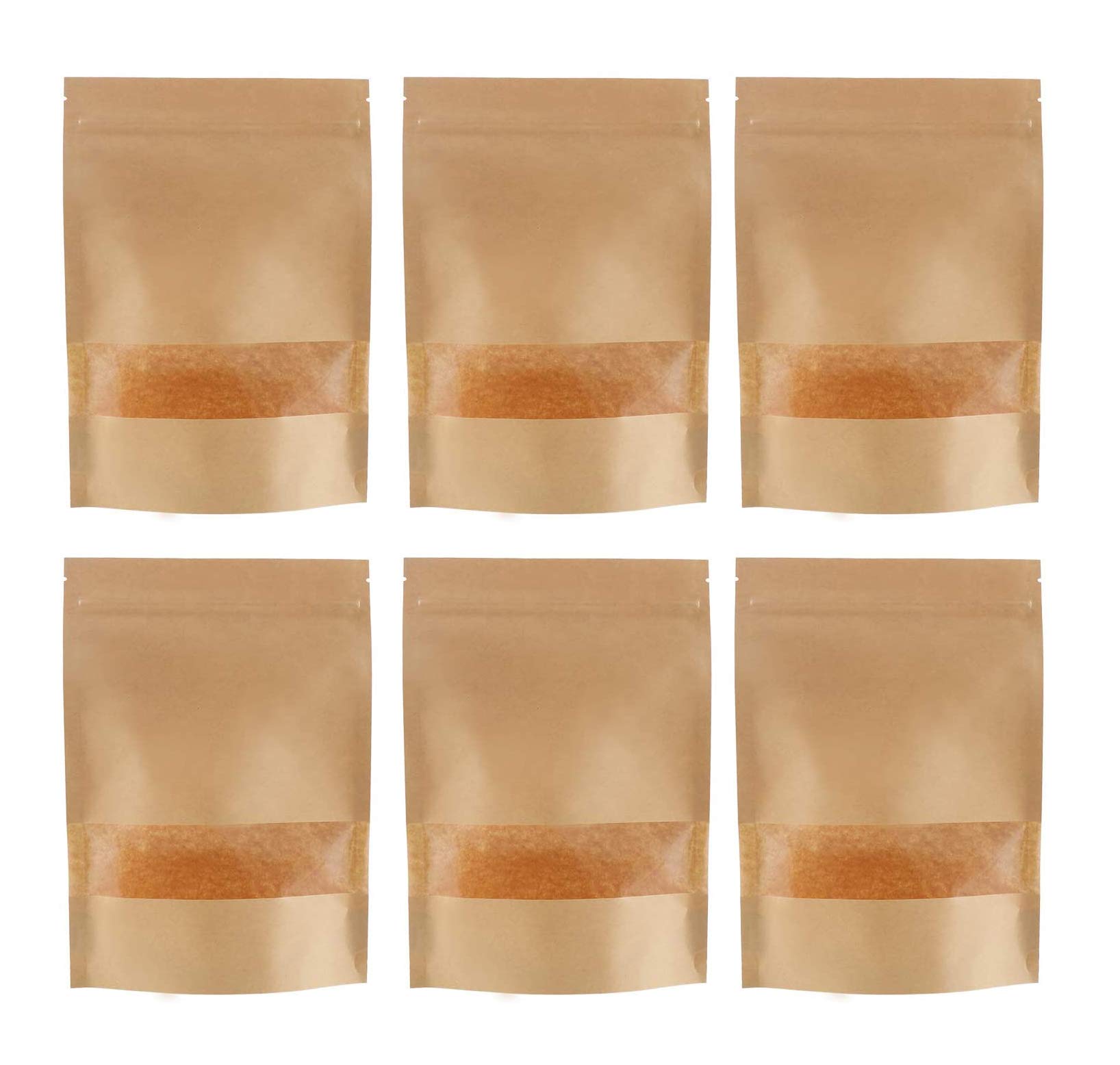 Allbusky 50PCS Kraft Paper Stand Up Food Bags, Reusable Ziplock Seal Bags, Kraft Paper Food Storage Pouches, Kraft Paper Food Packing Bag with Transparent Window, 12x20cm