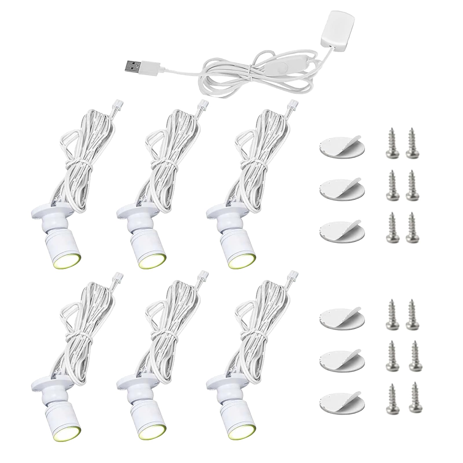 AUTO HIGH 6 PCS Mini LED Spotlight 5V USB Aluminum Under Cabinet Lights, 1W Dimmable Rotatable Display Case Lighting for Jewelry Cabinet Closet Painting Picture Plant Showcase, White (Warm, 3000K)