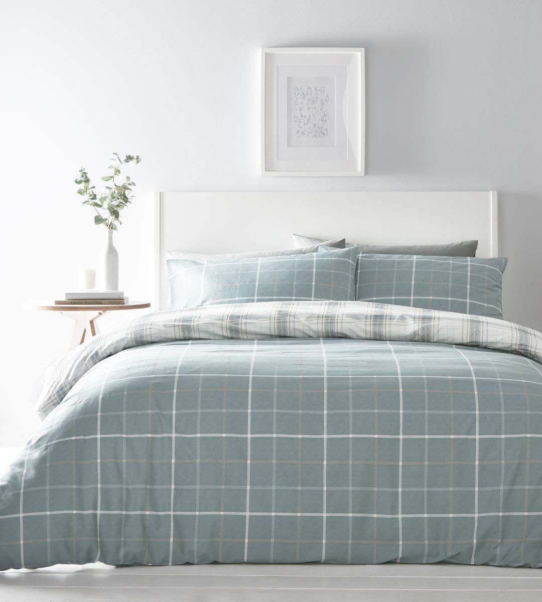 Portfolio Skye Duvet Cover Reversible Checked Bed Set, Polycotton, Duck Egg, Super King