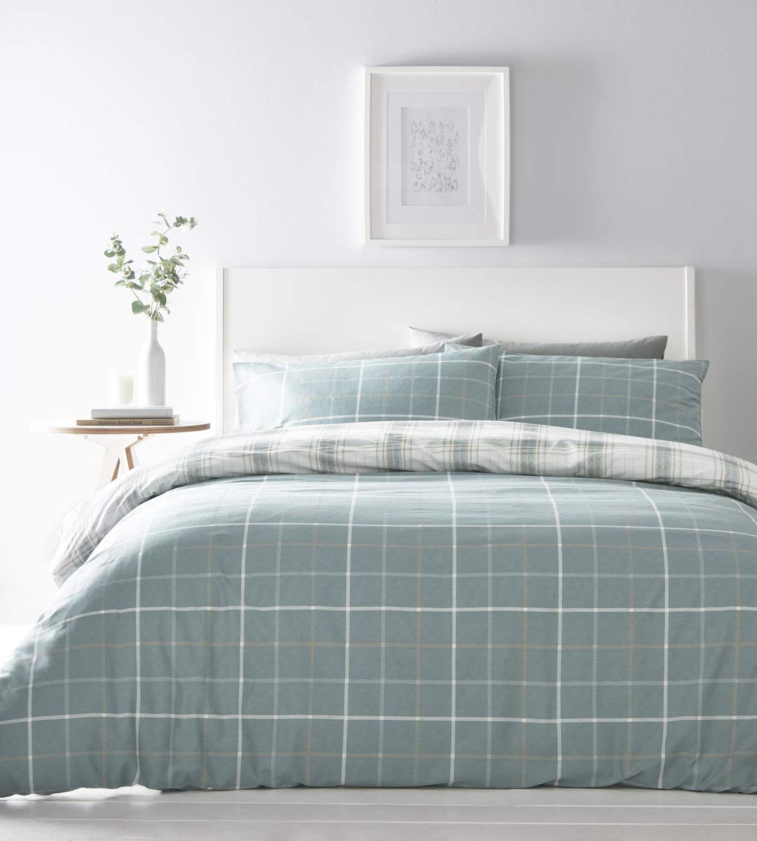 Portfolio Skye Duvet Cover Reversible Checked Bed Set, Polycotton, Duck Egg, Super King