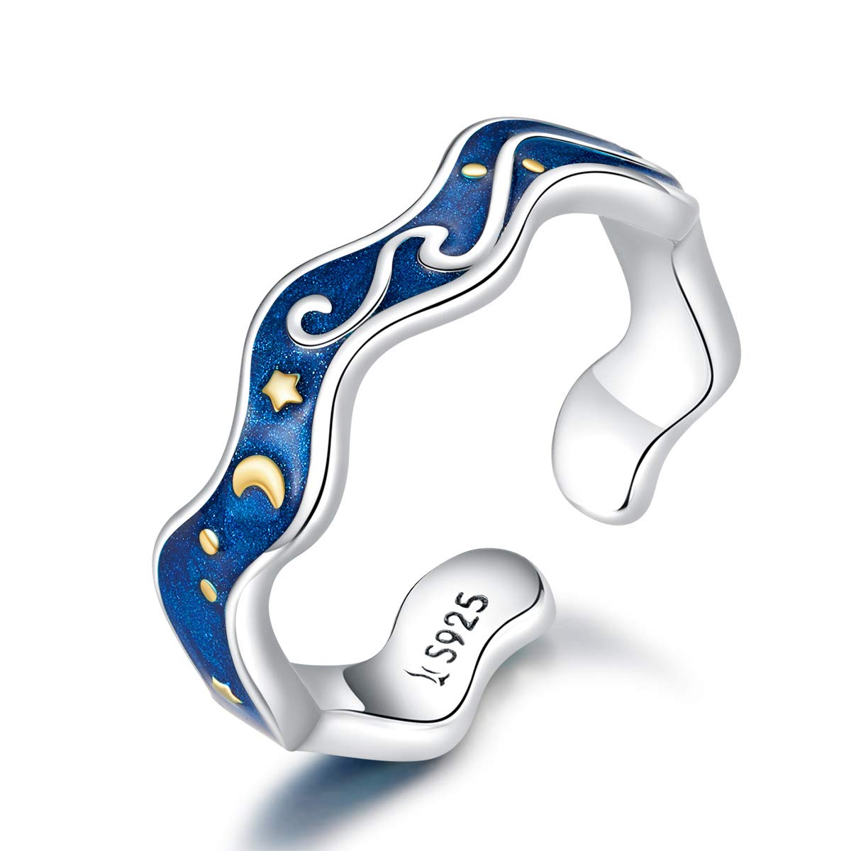 NewL Sterling Silver 925 Lover Rings for Couple Blue Starry Sky of Van Gogh Open Finger Ring Design Jewelry Accessories