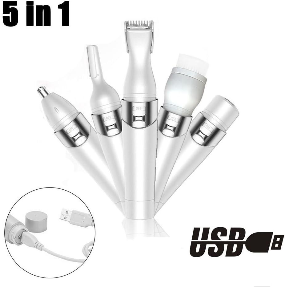 Lady Shaver 5in1 Womens Trimmer Kit USB Rechargeable Painless, Electric Bikini Trimmer/Facial Cleansing Brush/Nose Trimmer/Eyebrow Shaper Facial Hair Trimmer Women's Shaver Hair Remover