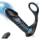 Thrusting Anal Vibrator with Thick Penis Ring, 3*10 Vibrating&Telescopic Prostate Massager Vibrator Dildo Shaped Anal Plug, T