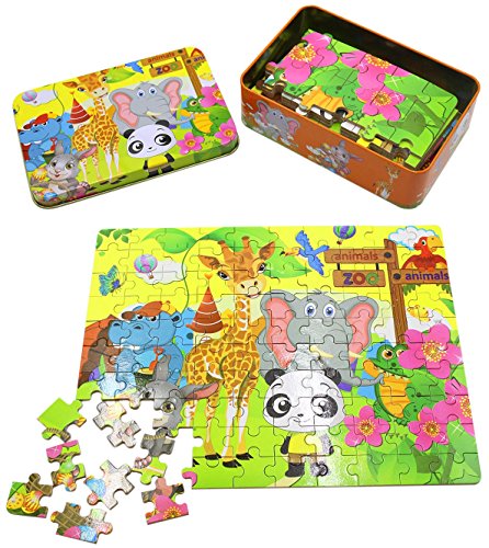 100 Pieces Kids Wooden Jigsaw Puzzle for toddlers 3-6 Ages, Kids Educational Puzzles Toys to Develop Dexterity and Problem Solving, with a Storage Box(Zoo Animals) - Thumbnail 2