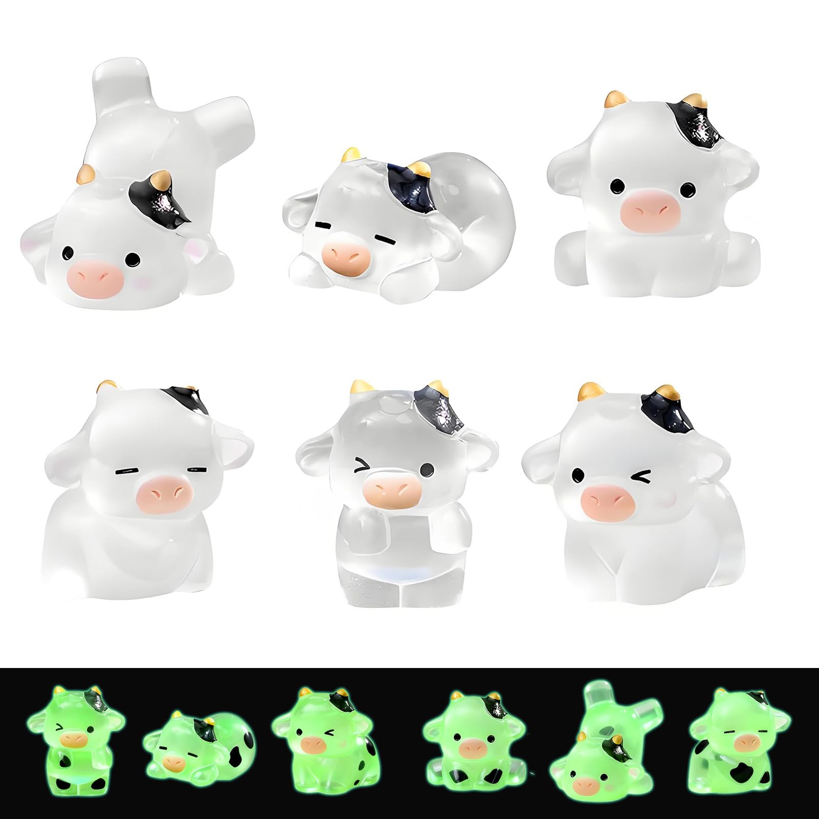 6PCS Mini Resin Animals Cow Figurines – Tiny Luminous Resin Animal Figures for DIY Crafts, Fairy Garden, Home Decor, Car Dashboard, Cake Toppers & Party Decorations – Small Plastic Cows Miniatures