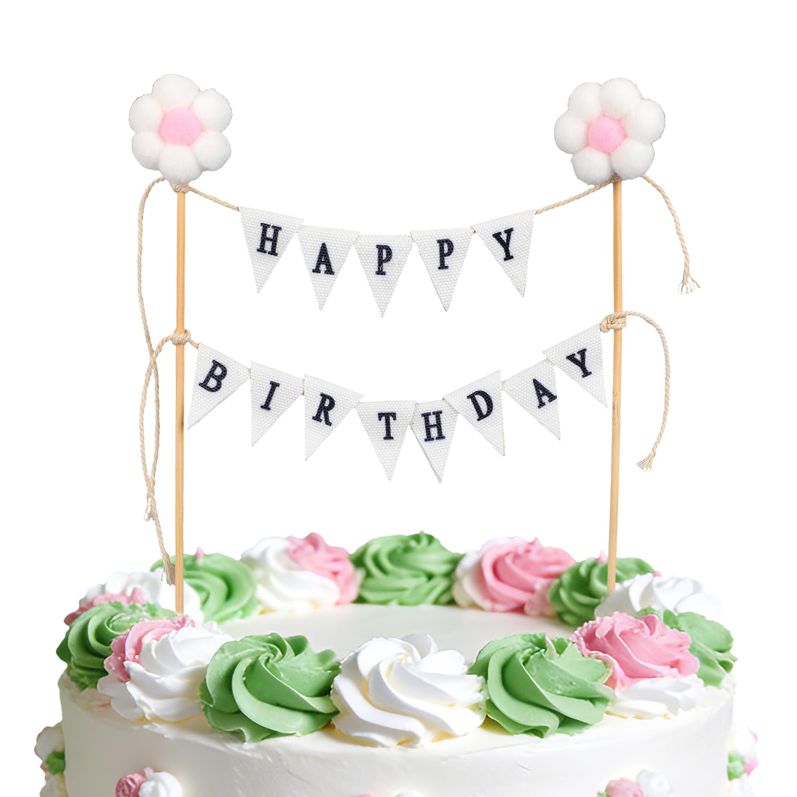 Happy Birthday Flag Banner Cake Topper, Handmade Ivory Cotton Pennant & Flower Flags with Wooden Poles Party Decorations for Cakes & Cupcakes