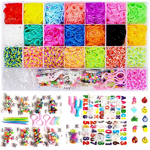 7600+ Rainbow Rubber Bands Loom Rubber Bands Set Includes: 6900 Quality Loom Rubber Bands 22 Unique Colors, 6 Crochet Hooks, 2 Y Loom , 500 Clips, 225 Beads, 30 Lovely Charms, 3Hair, 3Backpack Hooks