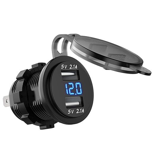 LiDiVi Waterproof Dual USB Charger Socket Power Outlet 2.1A &amp; 2.1A with Digital Voltmeter Blue LED Light for iPad iPhone Car Boat Marine Mobile