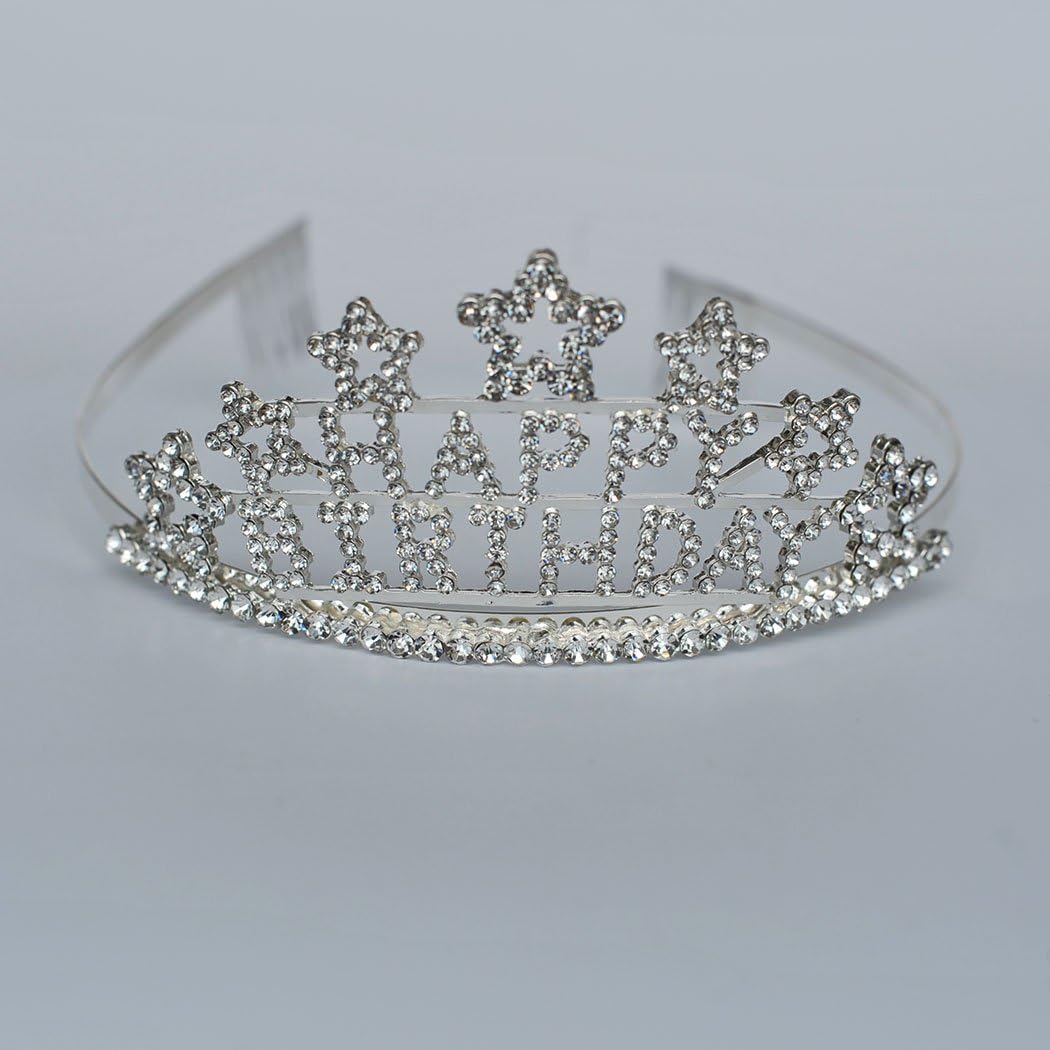 PLDJewelry Silver STAR Happy Birthday Rhinestone Crystal Crown Tiara with comb for Birthday Party