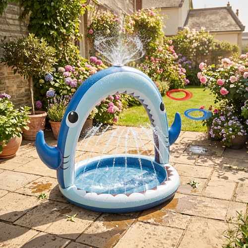 Gleamkid Splash Pad,4-In-1 Inflatable Shark Water Toys for Boys Girls,Summer Outdoor Game with 4 Rings Toss Toy, Garden Toys Sprinkler for Kids,Backyard Water Sprinkler Spray Outdoor Toys
