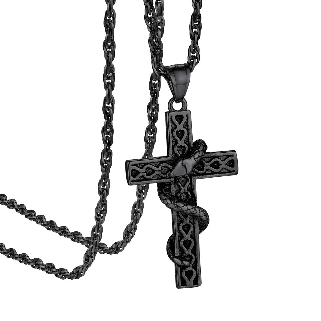GoldChic Cross Necklace for Men Women Black Stainless Steel Serpent Pendant Chains Christian Irish Religious Nun Priest Monk Jewellery Gifts