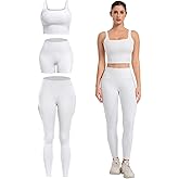 SALSPOR 3 Piece Workout Sets for Women High Waisted Leggings with Pockets Tummy Control Biker Shorts Yoga Sports Bra