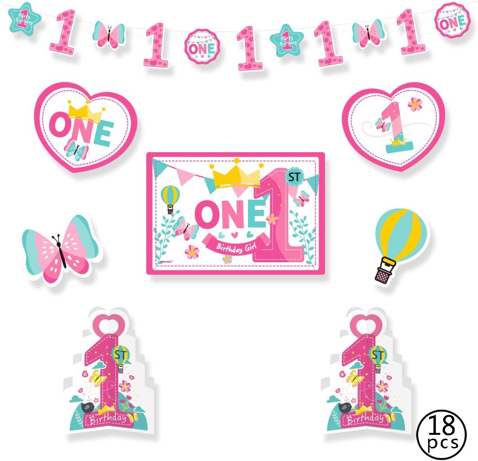 1st Birthday Girl Decorations Kit - Pink 1st Butterfly and Number One Star Banner - Large Animal Lion, Toy Card Stock Cutouts - Multi Colored, Pink, 18-Piece