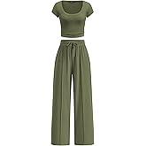 PRETTYGARDEN Women's 2 Piece Matching Lounge Sets Ribbed Short Sleeve Crop Tops Wide Leg Pants 2026 Summer Airport Outfits