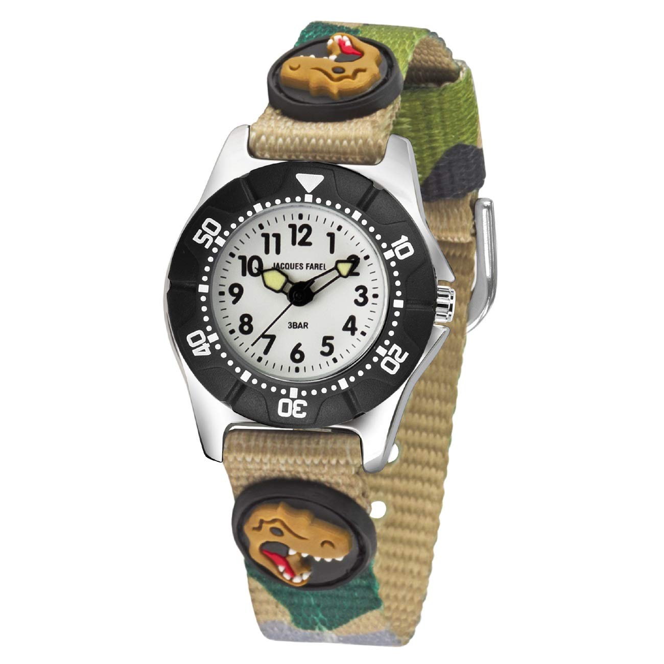 JACQUES FAREL KWD 4111 Children's Watch T-Rex Camouflage Textile Strap Rotating Ring Analogue Quartz, beige, Strap.