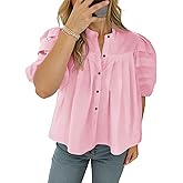 Tankaneo Womens Puff Short Sleeve Button Down Shirts Cotton Pleated Babydoll Blouses Trendy Casual Loose Fit Tops