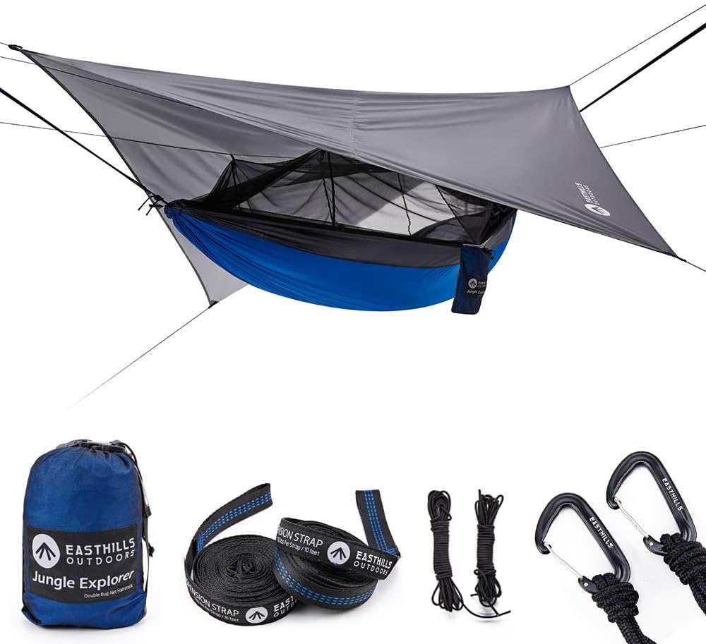 Easthills Outdoors Jungle Explorer Double Bug Net Camping Hammock Ripstop Parachute Nylon Camping & Outdoor Hammocks Tent with Waterproof Rainfly Tarp Blue
