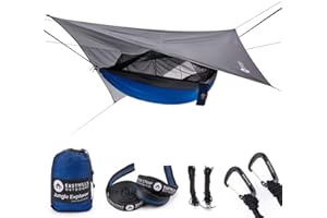 Easthills Outdoors Jungle Explorer 118" x 79" Double Camping Hammock Lightweight Rip-Stop Parachute Nylon 2 Person Hammocks with Removable Bug Net, Tree Straps and Tarp Blue