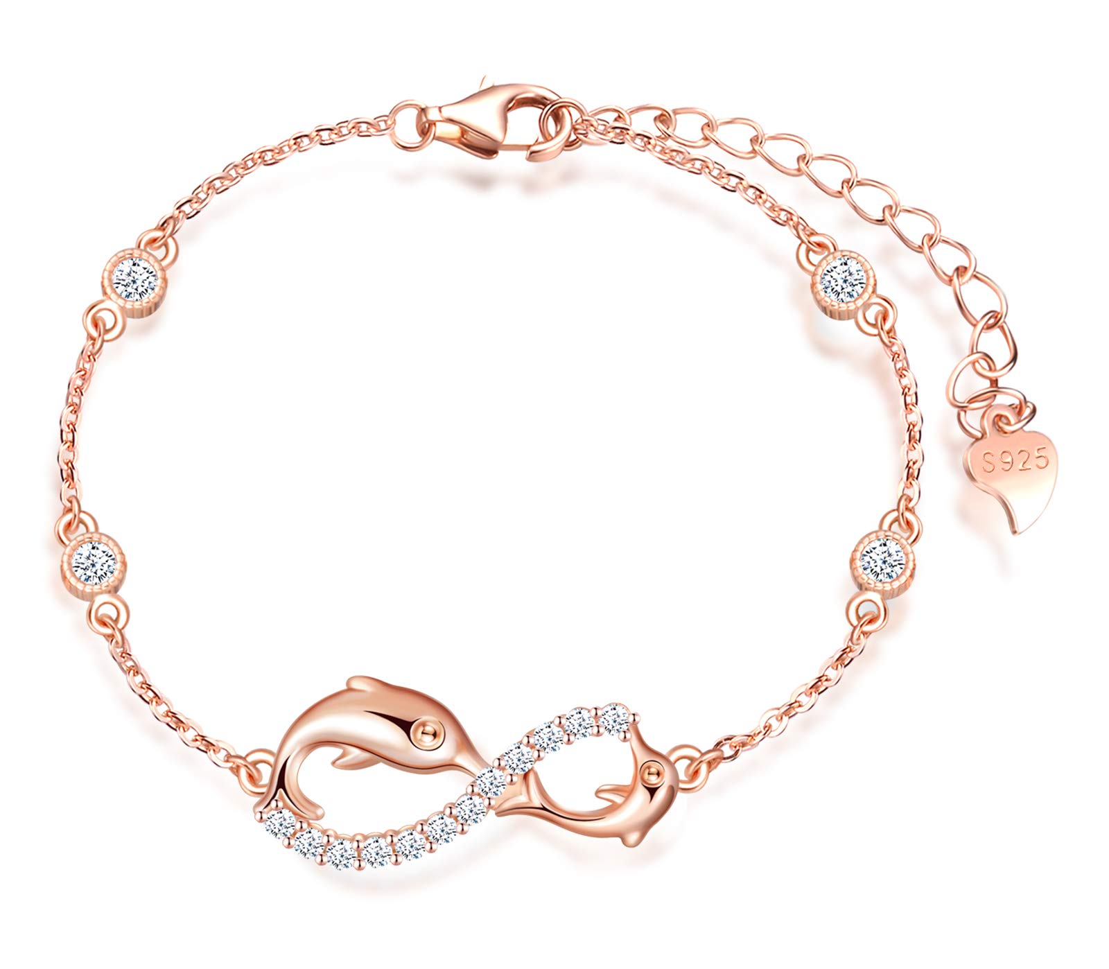 MicLee Woman's Girl's Sterling Silver Bracelet, Cute Dolphin & Infinity Symbol, Inlaid Zircon, Adjustable Chain, Rose Gold