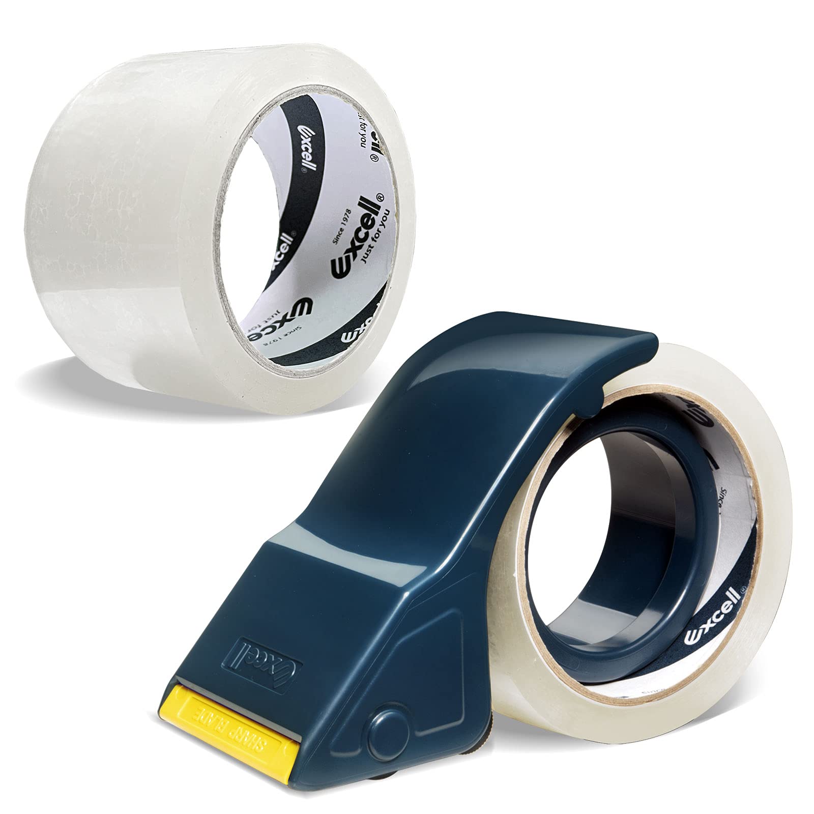 Excell Lightweight Plastic Packing Tape Dispenser, 2” (50.8mm) Wide, Handheld Carton Sealer with Retractable Blade Cover, Fits 3” (76.2mm) Core, Includes 2 Clear Tape Rolls (4.8cm x 50m)