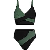 TANBINISUN Girls Swimsuits Bikini Set Color Block Criss Cross V Neck Teen Girl Swimsuit Two Piece Cut Bathing Suit
