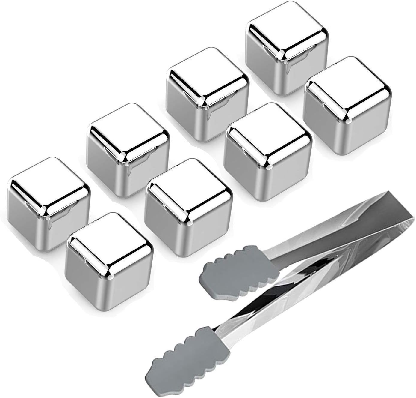 Stainless Steel Ice Cubes Whiskey Stones (Set of 8), Reusable Chilling Beverage Rocks with Freezing Tray & Tongs, Gift Set for Whiskey, Wine, Beer, Vodka, Liqueurs, Drinks Cooler