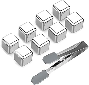 Stainless Steel Ice Cubes Whiskey Stones (Set of 8), Reusable Chilling Beverage Rocks with Freezing Tray & Tongs, Gift Set for Whiskey, Wine, Beer, Vodka, Liqueurs, Drinks Cooler