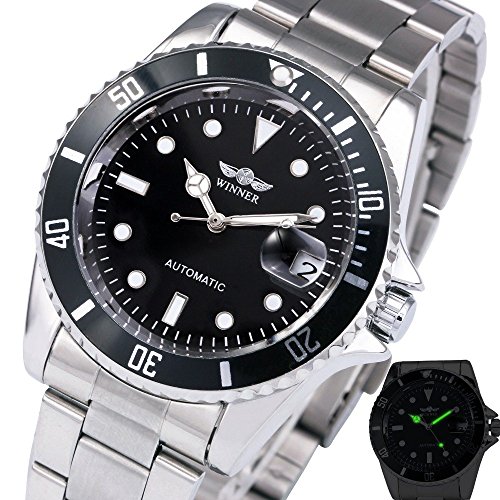 Fanmis Men's Luminous Calendar Rotatable Bezel Black Dial Stainless Steel Automatic Mechanical Watches Silver