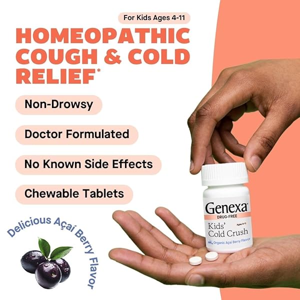 GENEXA KIDS COLD CRUSH | MULTI-SYMPTOM COUGH & COLD, SORE THROAT, CONGESTION RELIEF FOR CHILDREN | ACAI BERRY FLAVOR | ORGANIC & NON-GMO | HOMEOPATHIC REMEDY MADE CLEAN | 60 CHEWABLE TABLETS AGE 4-11​