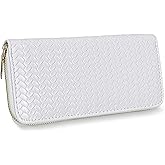 AdiStylinno Women’s Wallet, PU Leather Weave Card Holder Ladies Large Capacity Clutch Purse with ID Window and Zipper Pocket (White)
