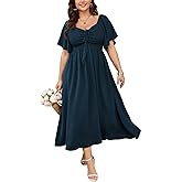 SHESTARR Women's Plus Size Maxi Dress Short Sleeve Sweetheart Neckline Smocked A Line Flowy Formal Wedding Guest Dress