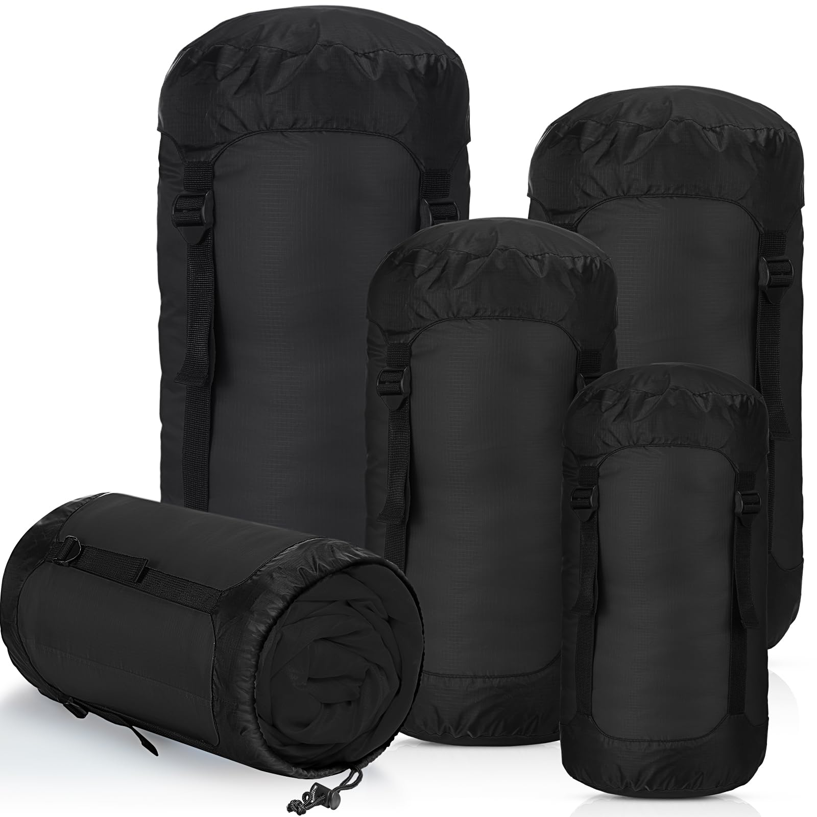 Photo 1 of GliCraft 5 Pcs 5L/10L/15L/20L/35L Camping Sleeping Bag Compression Sacks for Backpacking Water Resistant Sleeping Bag Stuff Sack Space Saving Storage Sack for Hiking Gear(Black)