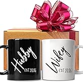 FALJIOK Est 2026 Hubby & Wifey Coffee Mugs Set, Wedding Mug Gift for Couple, Bride Groom Mug Gifts for Anniversary, Newlywed Coffee Mugs Set 11oz, Mr & Mrs Bridal Shower Gift