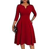 Nmoder Midi Dresses for Women A-Line Fit and Flare Dress 3/4 Sleeve V Neck Cocktail Wedding Guest Work Dress with Pockets
