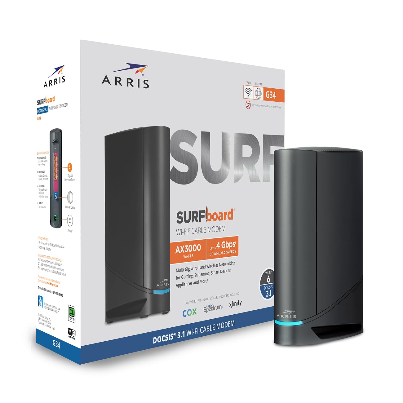 Photo 1 of ARRIS (G34) - Cable Modem Router Combo - Fast DOCSIS 3.1 Gigabit WiFi 6 (AX3000), Approved for Comcast Xfinity, Cox, Spectrum & More, 1 Gbps Max Internet Speeds