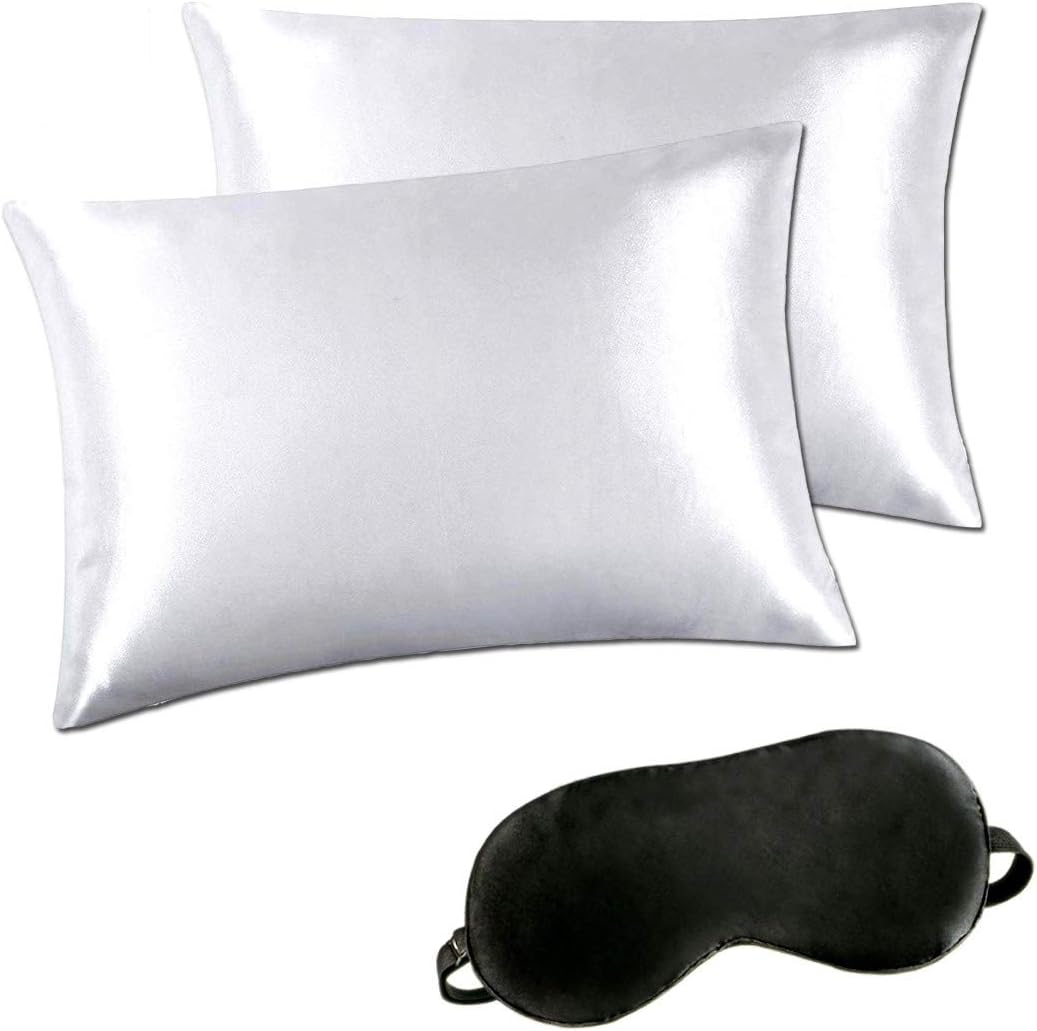 Minda Satin Pillowcases Set for Hair and Skin, Standard Queen King Size Silk Pillowcase Prevents Sleep Wrinkles,No Zipper Pillow Silk Pillowcase Easy to WASH, Gift-Eye Mask (White, Queen)