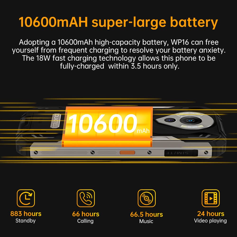 OUKITEL WP16, Rugged Smartphone 10600mAh Battery, Night Vision Camera 128GB+8GB Android 11,6.39 HD+ Underwater Camera IP68 Waterproof Rugged Phone,OTG NFC GPS SOS Dual SIM Unlocked Cell Mobile Phone